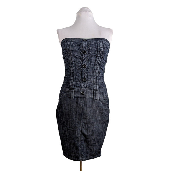 Vintage Y2K Denim Mini Dress Strapless Zip Stretch Blue Jean Short Button L - Picture 1 of 13